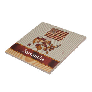 Azulejo Bandera americana de madera y mapa
