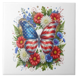 Azulejo Bandera Americana Roja Blanca Azul Mariposa Floral