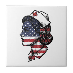 Azulejo Bandera Americana Vintage Perfil de Enfermera Dise