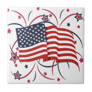 Azulejo Bandera americana y fuegos artificiales