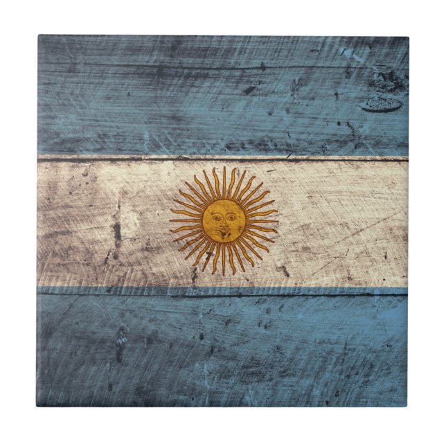 Azulejo Bandera argentina de madera vieja; (Frente)