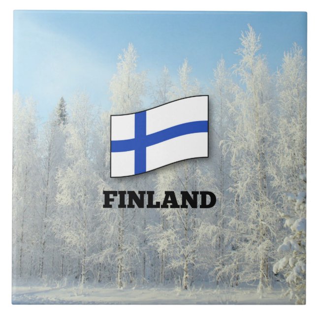 Azulejo Bandera de Finlandia, paisaje de nieve, (Frente)