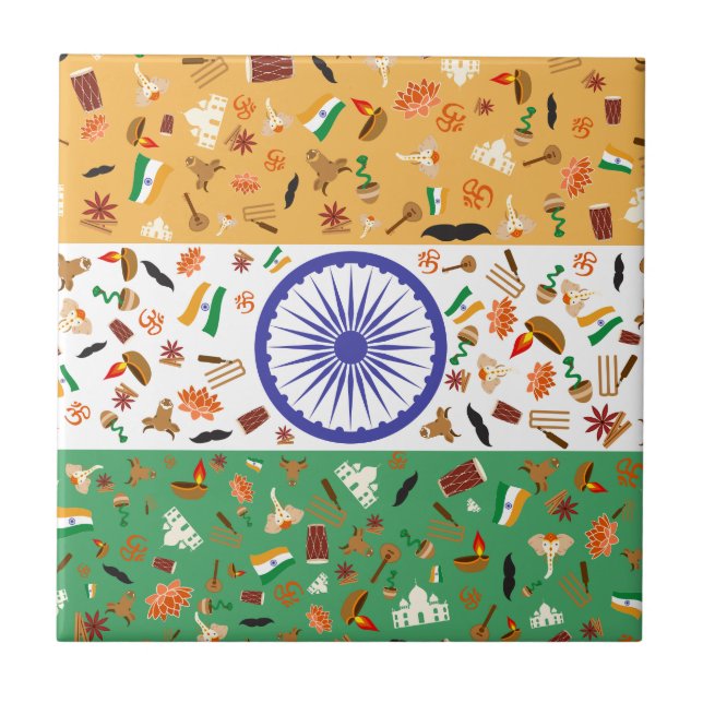 Azulejo Bandera de la India con objetos culturales (Frente)