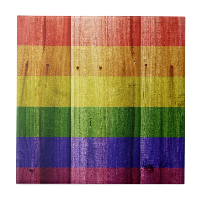 Azulejo Bandera del orgullo arcoiris de madera (Frente)