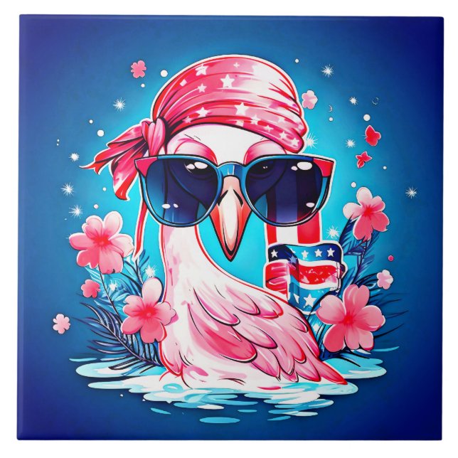 Azulejo Bandera estadounidense con Personalizado Flamingo- (Frente)