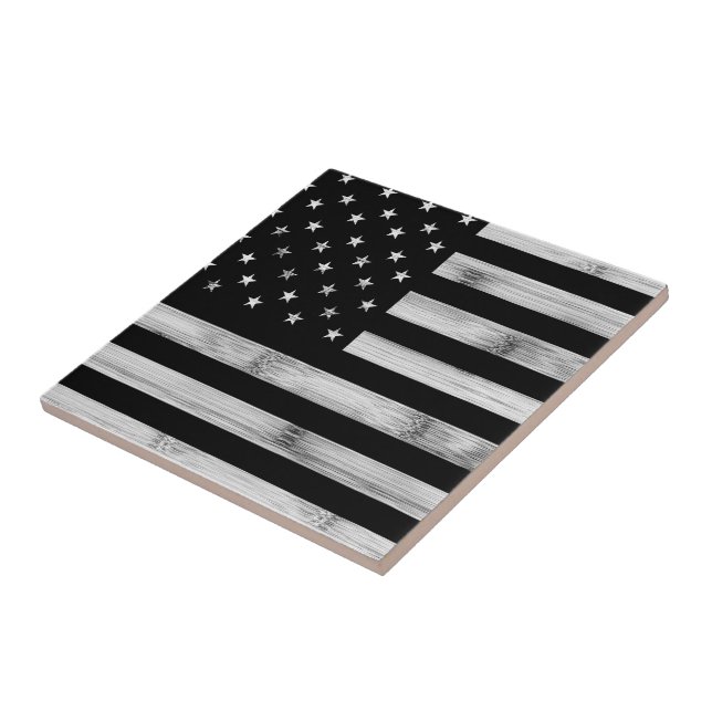 Azulejo Bandera estadounidense Rustic Wood Black White Pat (Lado)