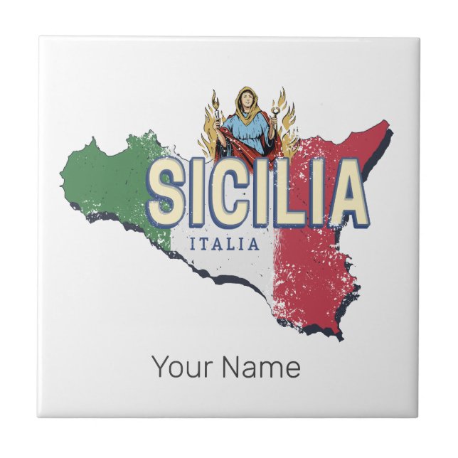 Azulejo Bandera Sicilia Italia Mapa retro recuerdo de époc (Frente)