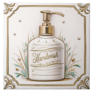 Azulejo Baño con botella de jabón de jabón blanco y dorado