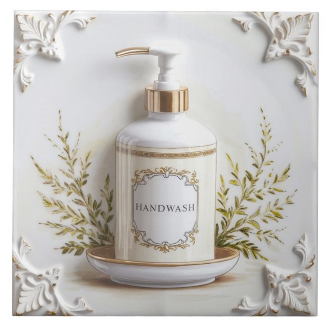 Azulejo Baño divertido con jabón de jabón blanco y dorado (Frente)