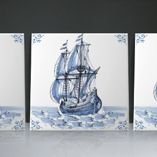 Azulejo Barco a vela de estilo holandés Delft Blue Frigate