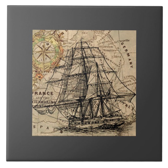 Azulejo Barco Antiguo y Mapa (Frente)