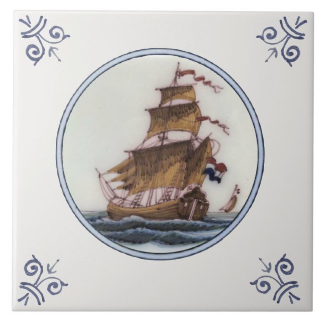 Azulejo Barco Clipper Policromo Delft Repro Tile Antiguo (Frente)