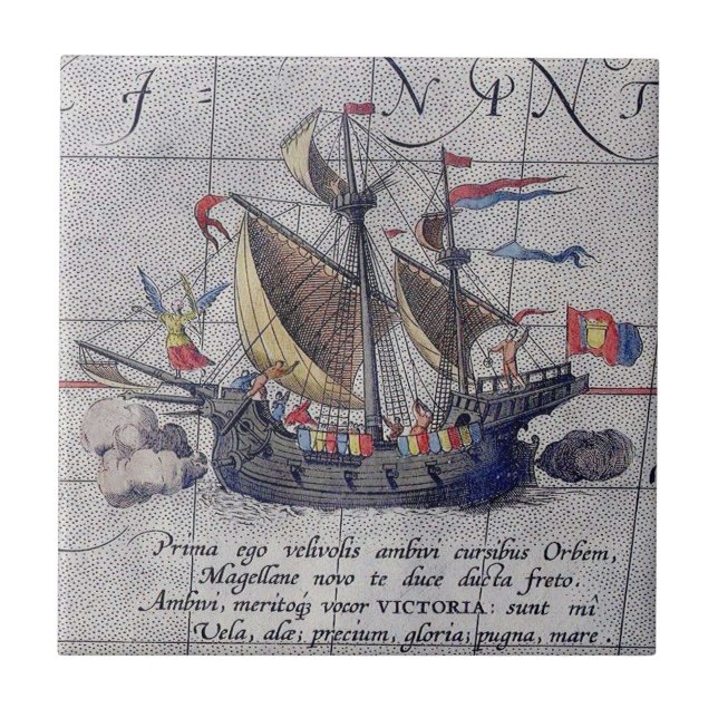 Azulejo Barco de altura y mapa del Océano Pacífico (Frente)