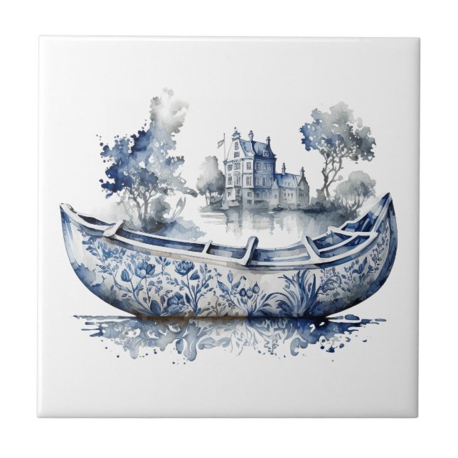 Azulejo Barco de estilo Delft azul y blanco con escena en  (Frente)