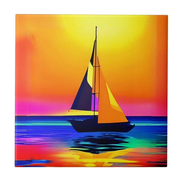 Azulejo Barco de vela contra la vibrante puesta de sol en  (Frente)