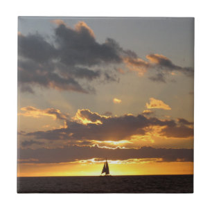 Azulejo Barco de vela en la puesta del sol