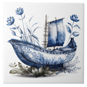 Azulejo Barco de vela floral chinoiserie azul