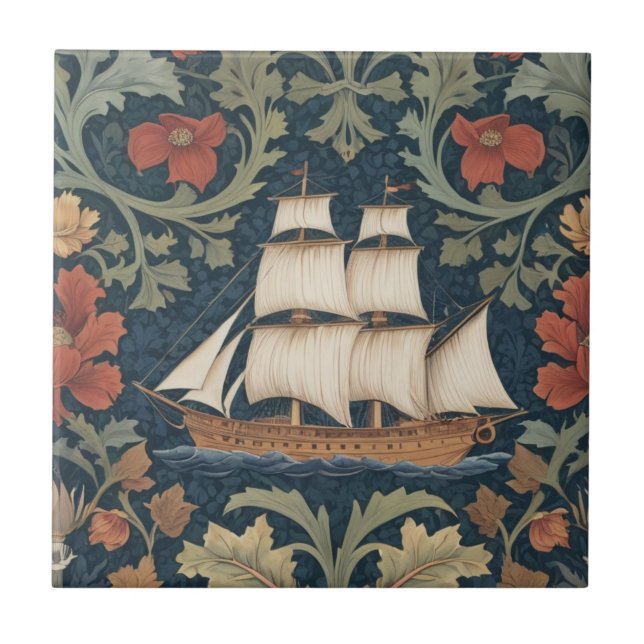 Azulejo Barco estilo William Morris barco náutico marítimo (Frente)