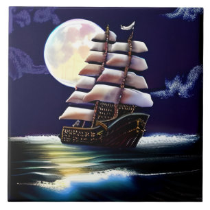 Azulejo Barco iluminado en el océano bajo la luna
