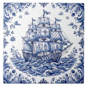 Azulejo Barco mercante de estilo Delft azul y blanco