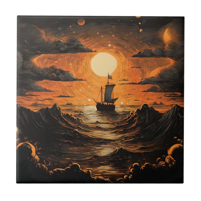 Azulejo Barco navegando por la noche (Frente)