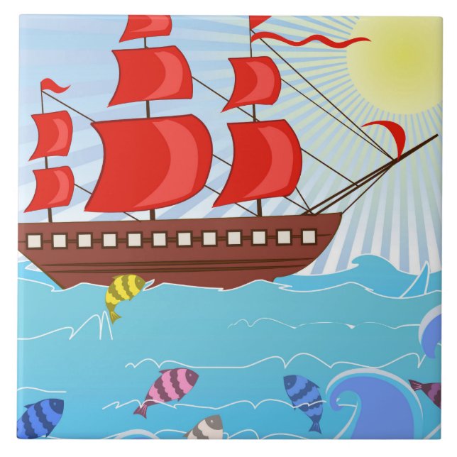 Azulejo Barco pirata rojo ilustrado (Frente)