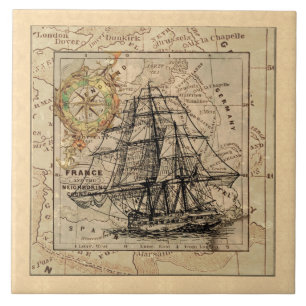 Azulejo Barco Vintage Y Mapa De Tile Cerámico