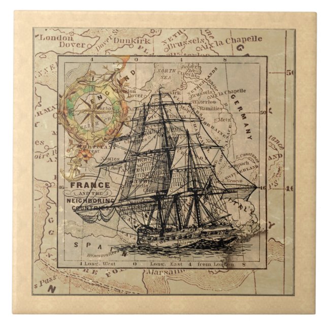 Azulejo Barco Vintage Y Mapa De Tile Cerámico (Frente)