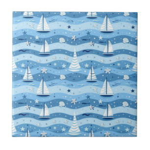 Azulejo Barcos de vela azules Náuticos