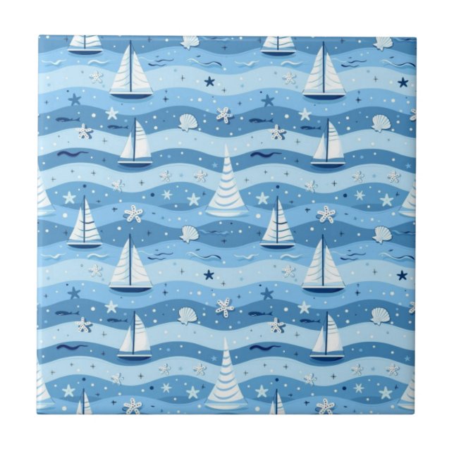 Azulejo Barcos de vela azules Náuticos (Frente)