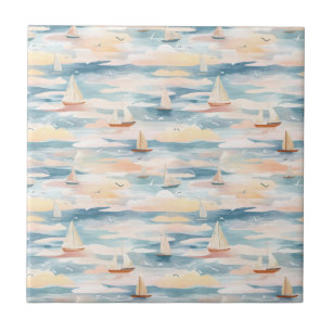 Azulejo Barcos de Vela Soñadores Patrón de Acuarela Oceáni
