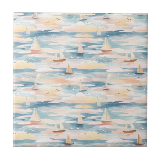 Azulejo Barcos de Vela Soñadores Patrón de Acuarela Oceáni (Frente)