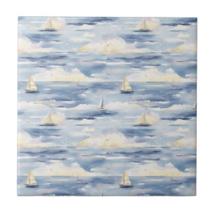 Azulejo Barcos de Vela Soñadores Patrón de Acuarela Oceáni