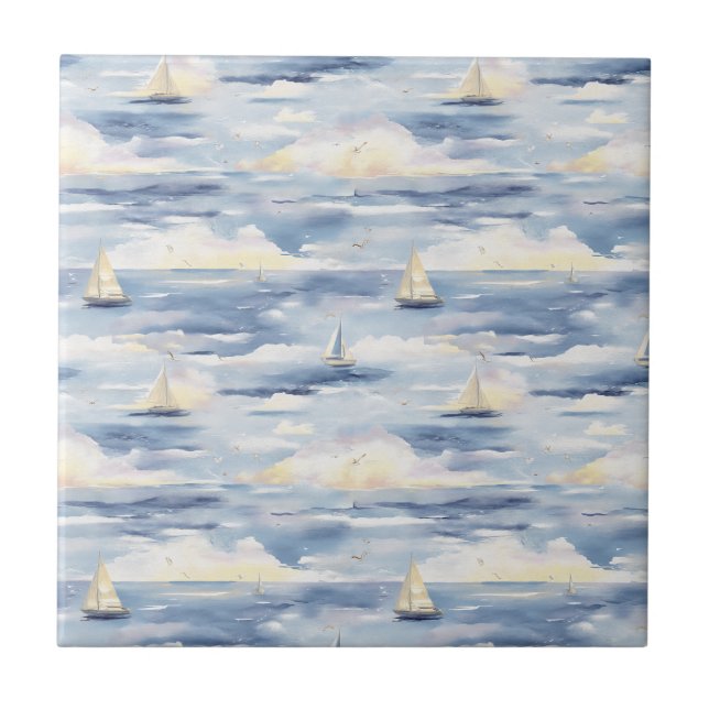 Azulejo Barcos de Vela Soñadores Patrón de Acuarela Oceáni (Frente)