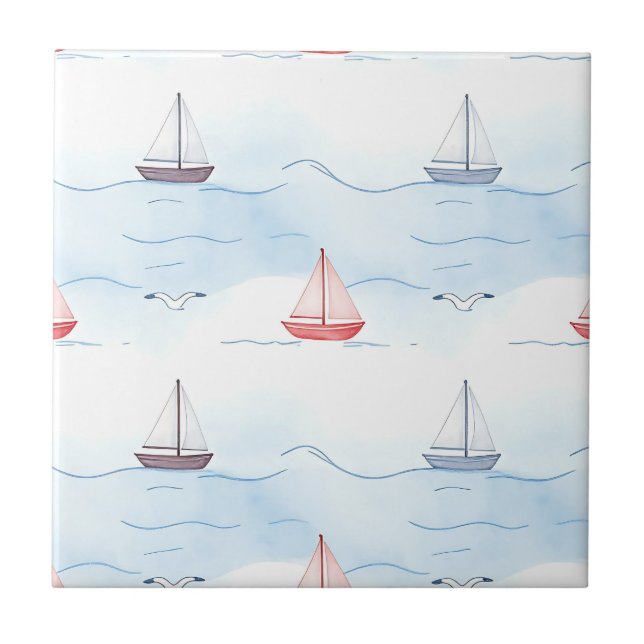 Azulejo Barcos de Vela y Gaviotas Patrón Continuo (Frente)