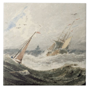 Azulejo Barcos en un mar tempestuoso (w/c sobre el grafito