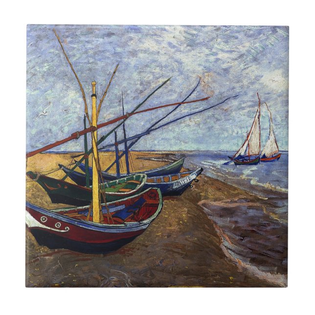 Azulejo Barcos pesqueros Van Gogh en la playa (Frente)