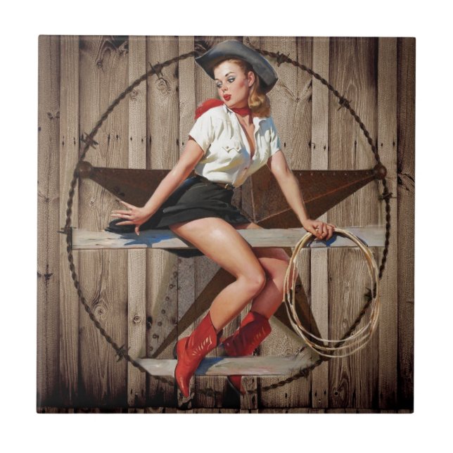 Azulejo Barn Wood Texas Star West Country Cowgirl (Frente)
