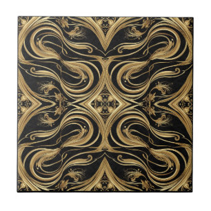 Azulejo Baroque Black and Gold Swirling Ornate Pattern