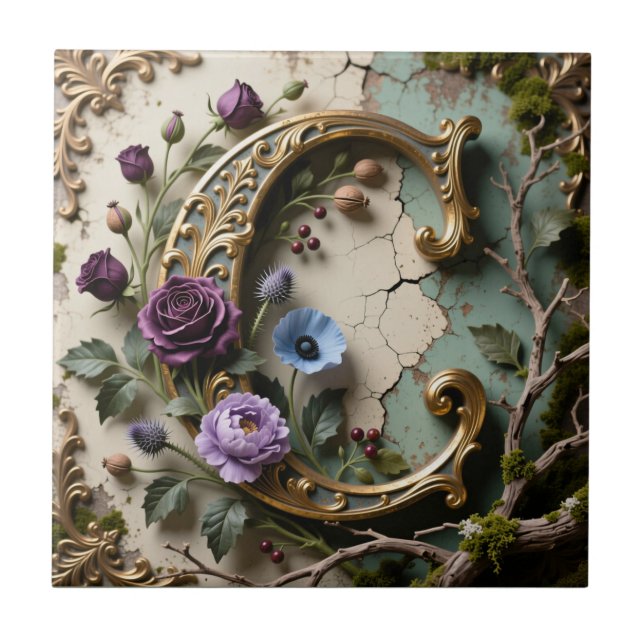 Azulejo Baroque Gold Patina Letter C Monogram (Frente)