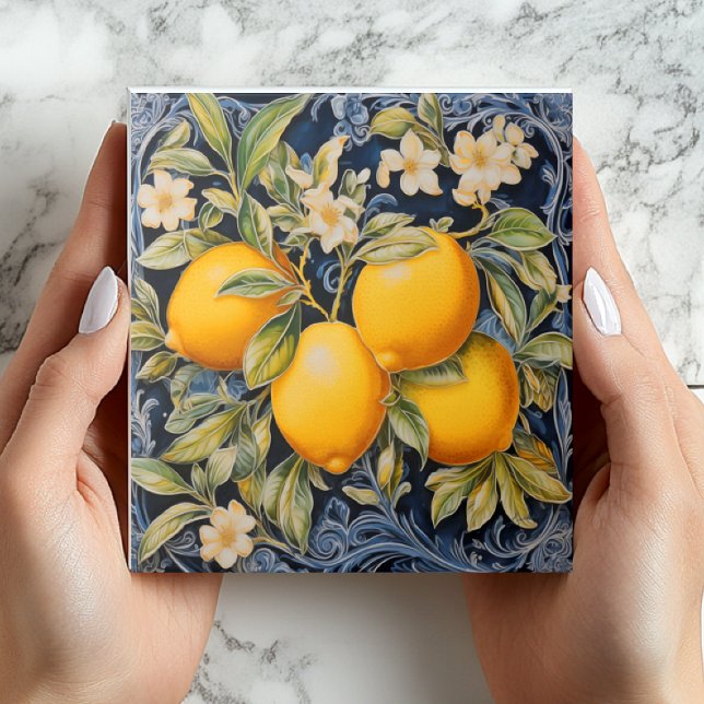 Azulejo Baroque Lemon Botanical Ceramic Tile with Scrolls (Baroque)