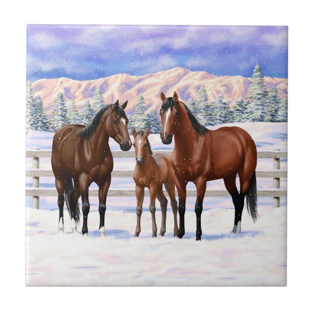 Azulejo Barrio Marrón de caballos en Nieve (Frente)