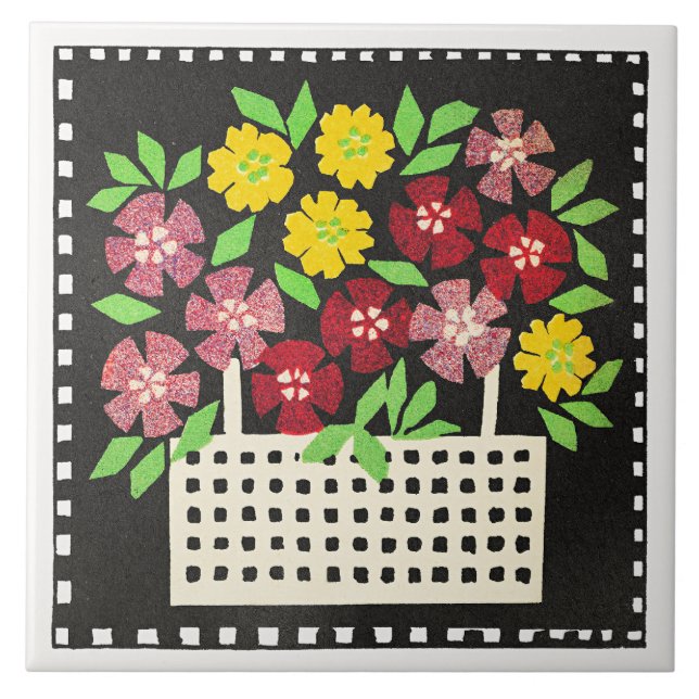 Azulejo Basket of Flowers, red and yellow, (Frente)
