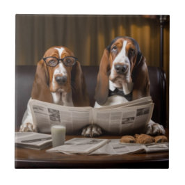 Azulejo Basset hounds lindos leyendo periódico