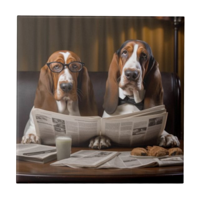 Azulejo Basset hounds lindos leyendo periódico (Frente)