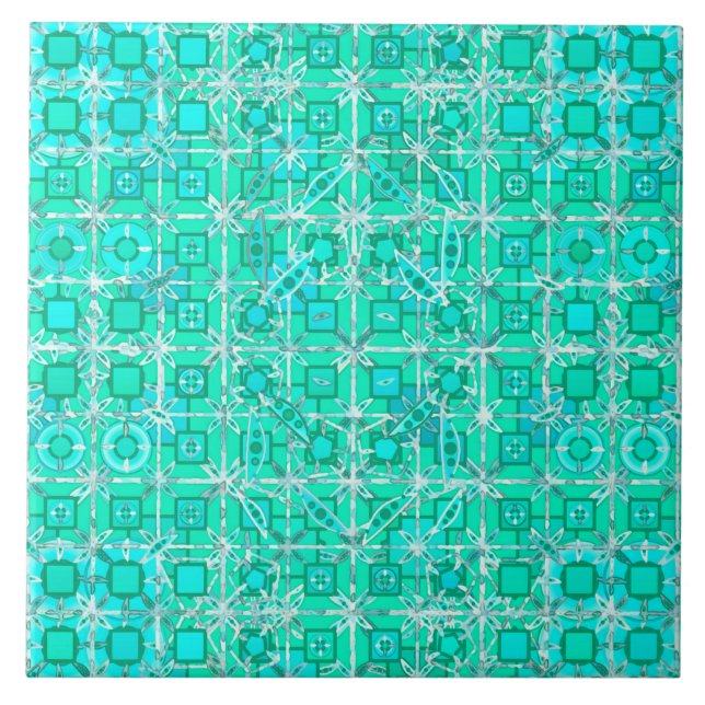 Azulejo Batik tribal - aqua y turquesa con blanco (Frente)