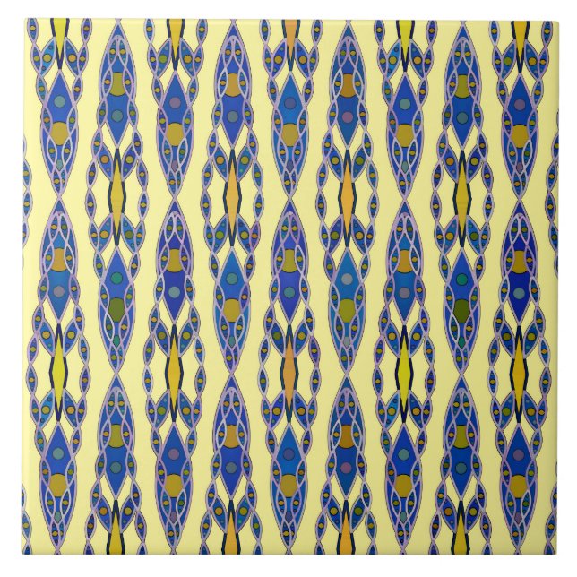 Azulejo Batik tribal - Azul acero, gris y amarillo (Frente)