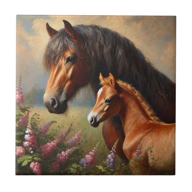 Azulejo Bay Mare con pintura de Foal Wildflowers (Frente)