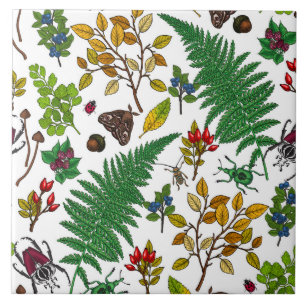 Azulejo Bayas forestales, hojas e insectos en blanco