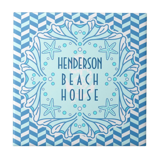Azulejo Beach House Art Déco Shell y Personalizado Herring (Frente)